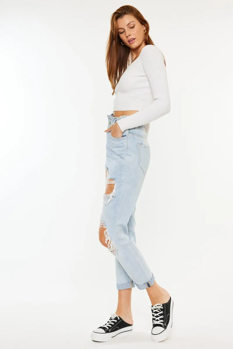 Kancan Open Pack Paperbag Mom Jeans-Trendsi-LIGHT-0/23-Urbanheer