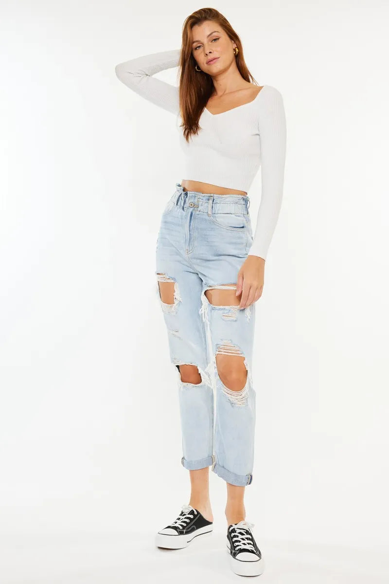 Kancan Open Pack Paperbag Mom Jeans-Trendsi-LIGHT-0/23-Urbanheer