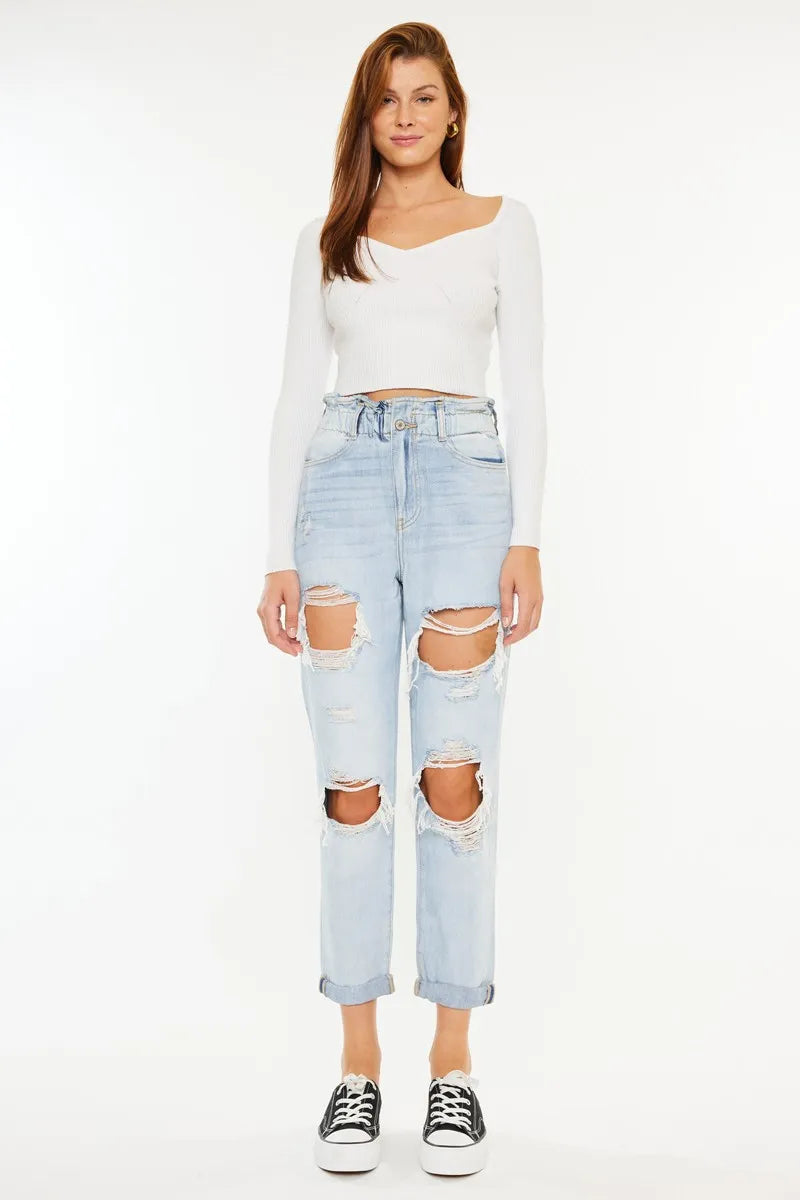 Kancan Open Pack Paperbag Mom Jeans-Trendsi-LIGHT-0/23-Urbanheer