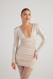 Karly Beige Shiny Mini Dress-Bodycon Dresses-Buy Me Fur Ltd-Beige-XS-Polyester - Elastane Blend-Urbanheer