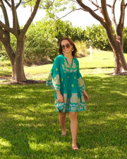 Katerina Elegant V-Neck Embroidered 3/4 Sleeve Flounce Dress-Dress-coton frais-S/M-Teal/gold/pink-Urbanheer