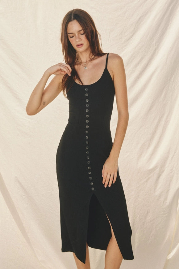 Keep It Simple Button Detail Ribbed Midi Dress Black-Dress-Dress Forum-S-Urbanheer