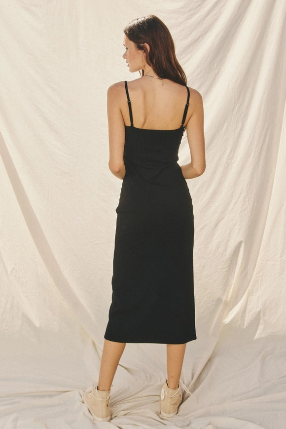 Keep It Simple Button Detail Ribbed Midi Dress Black-Dress-Dress Forum-Urbanheer