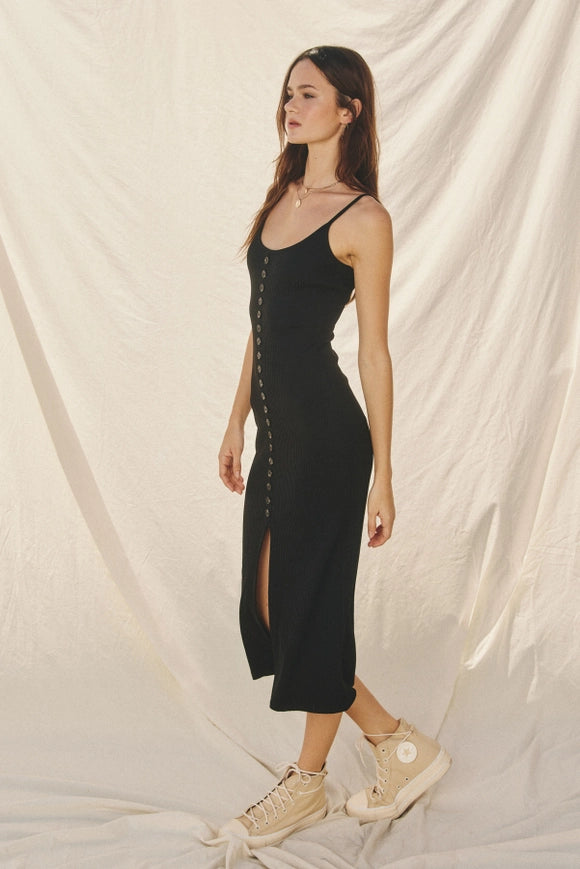 Keep It Simple Button Detail Ribbed Midi Dress Black-Dress-Dress Forum-S-Urbanheer