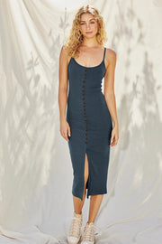 Keep It Simple Button Detail Ribbed Midi Dress Dk Denim-Dress-Dress Forum-S-Urbanheer