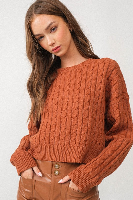 Kendall Cable Knit Crop Sweater Top-Sweater Top-Papermoon-S-CAFE-Urbanheer