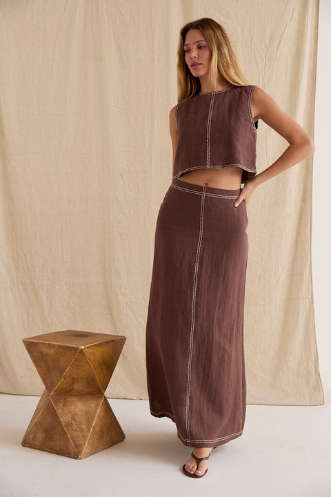 Kenzy Contrast Stitch Linen Maxi Skirt Brown