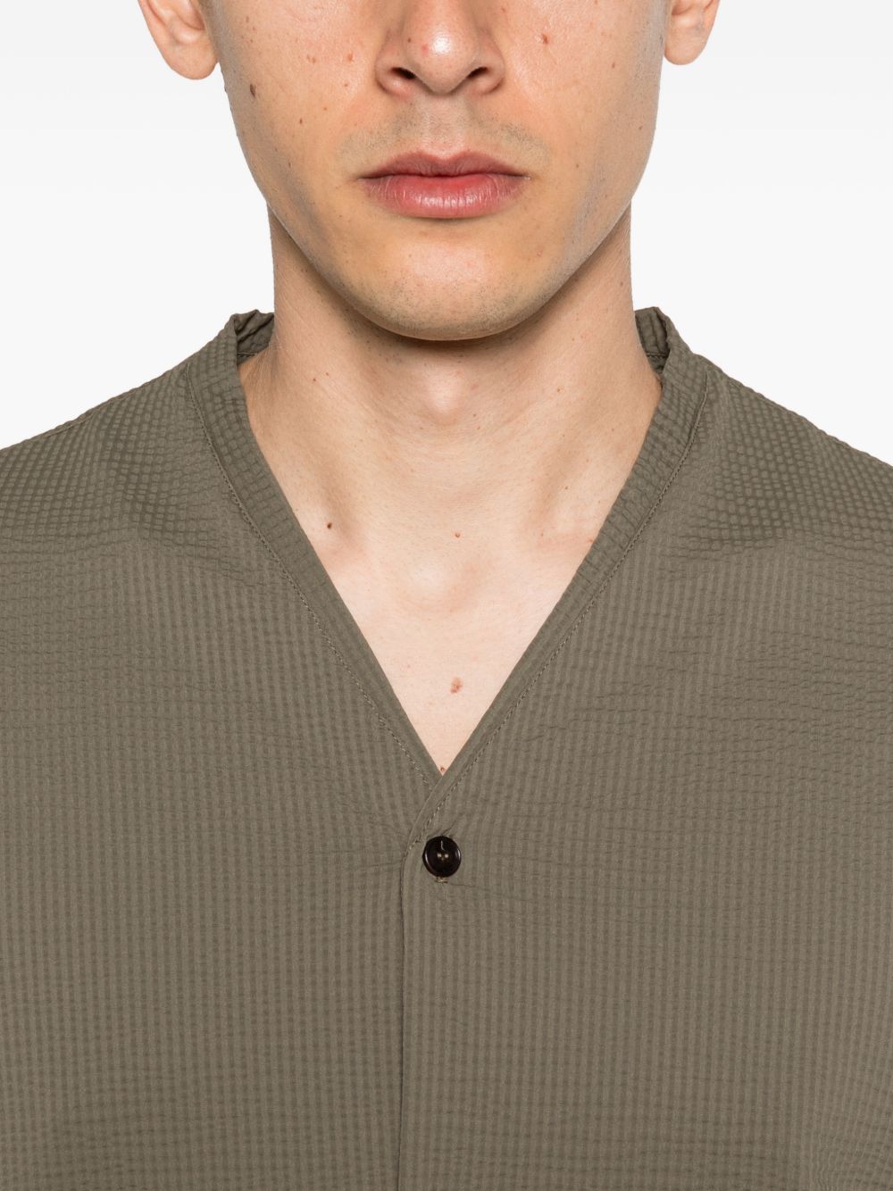 Khaki Green Textured V-Neck Shirt for Comfort