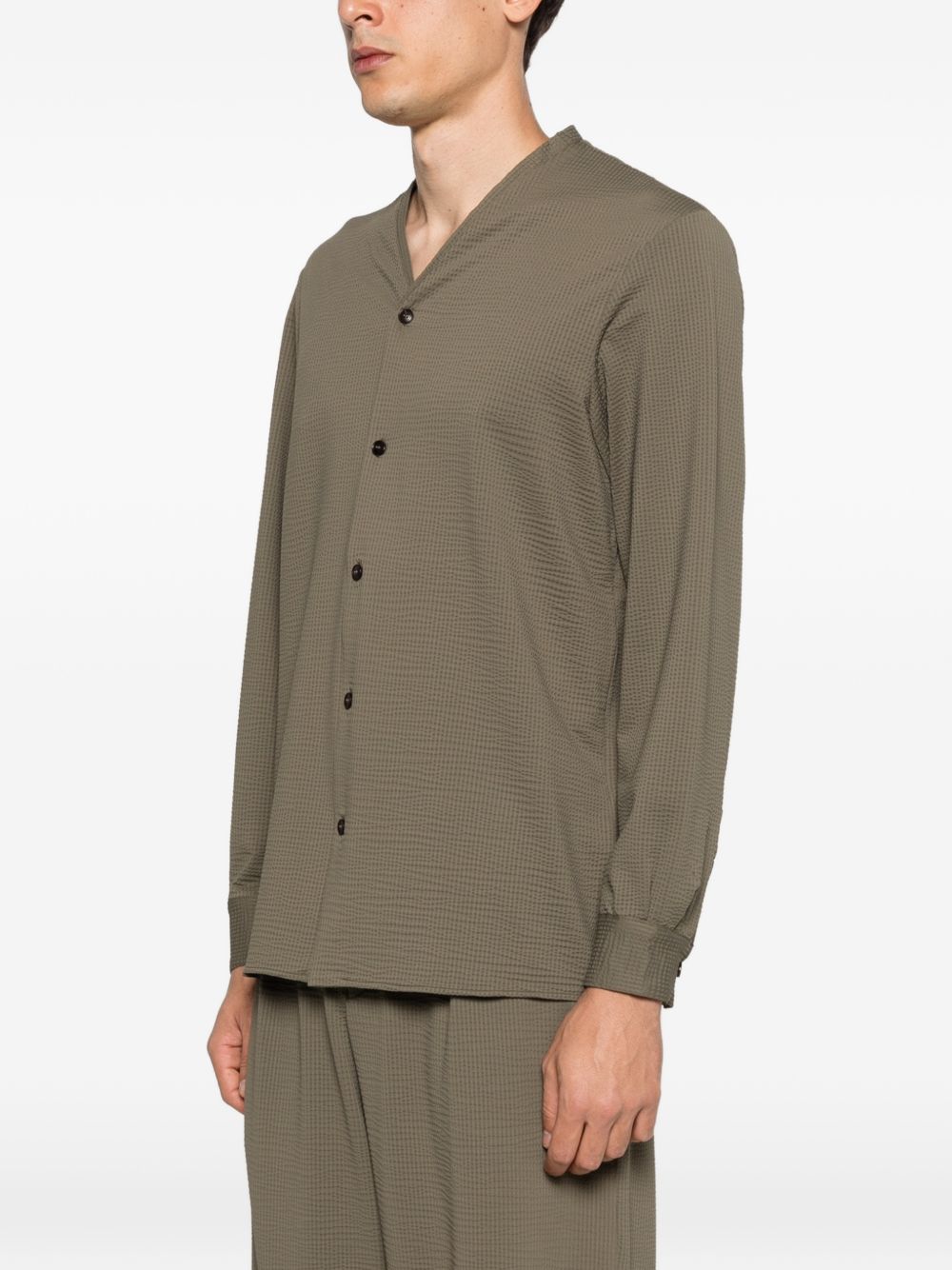 Khaki Green Textured V-Neck Shirt for Comfort
