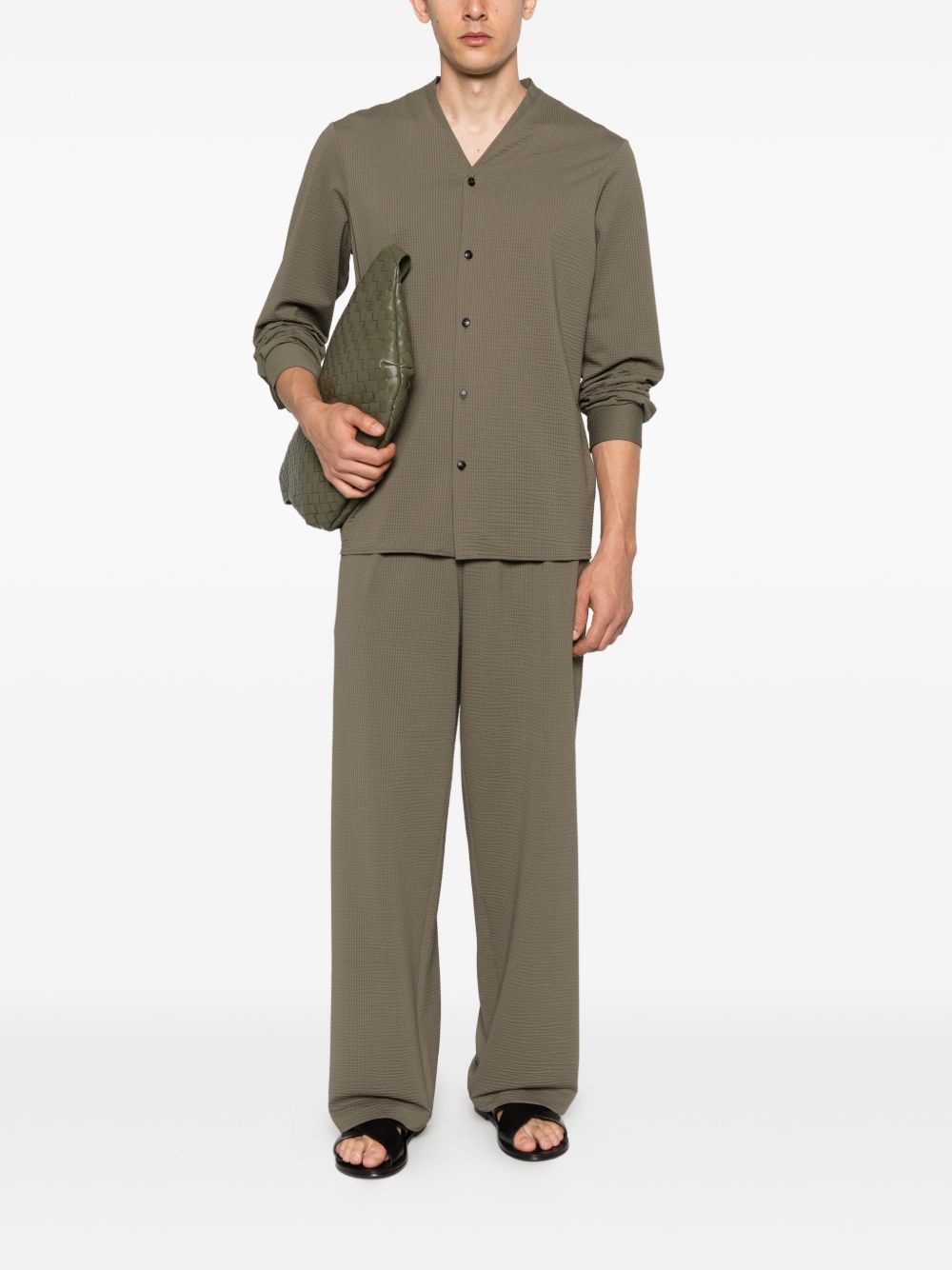 Khaki Green Textured V-Neck Shirt for Comfort