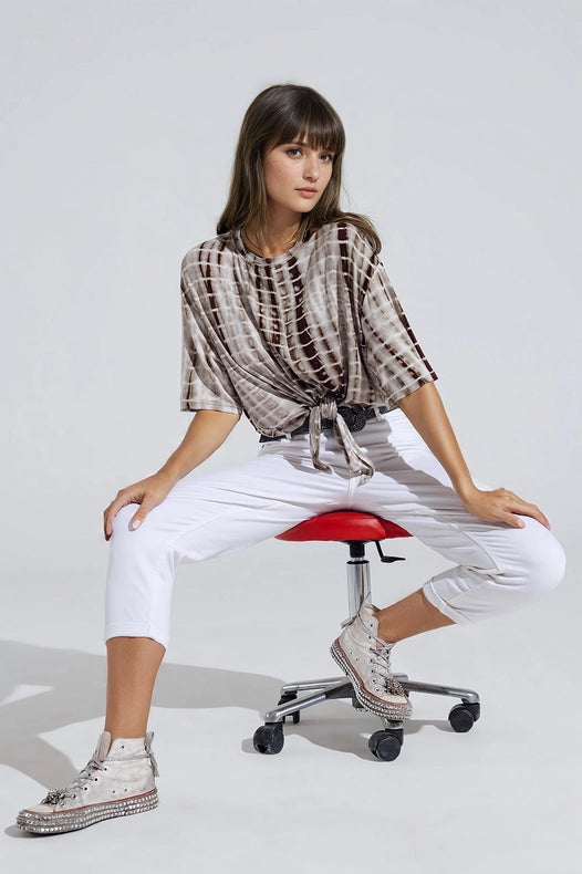 Khaki Tie Dye Printed T-Shirt With Knot On The Front-T-Shirt-Q2-S-Urbanheer