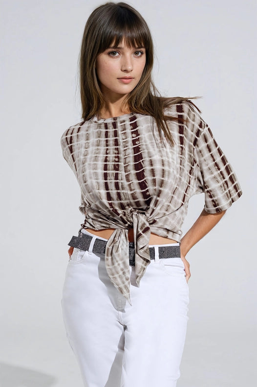 Khaki Tie Dye Printed T-Shirt With Knot On The Front-T-Shirt-Q2-S-Urbanheer