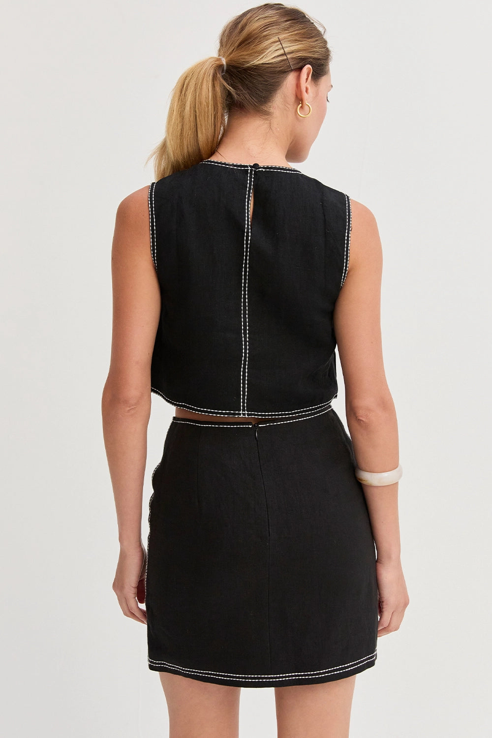 Kiara Contrast Stitch Linen Crop Top Black