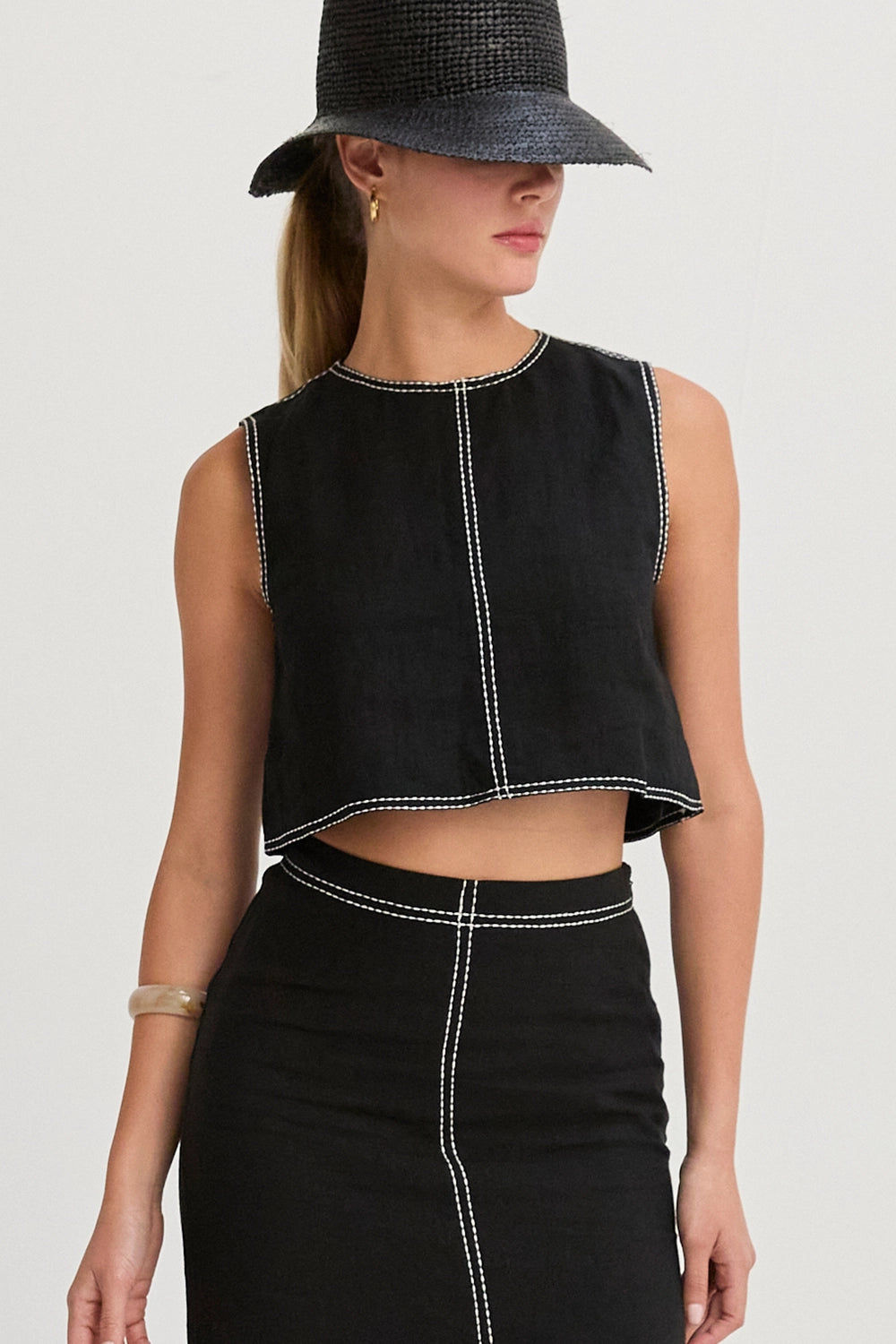 Kiara Contrast Stitch Linen Crop Top Black