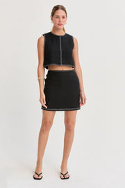 Kiara Contrast Stitch Linen Crop Top Black