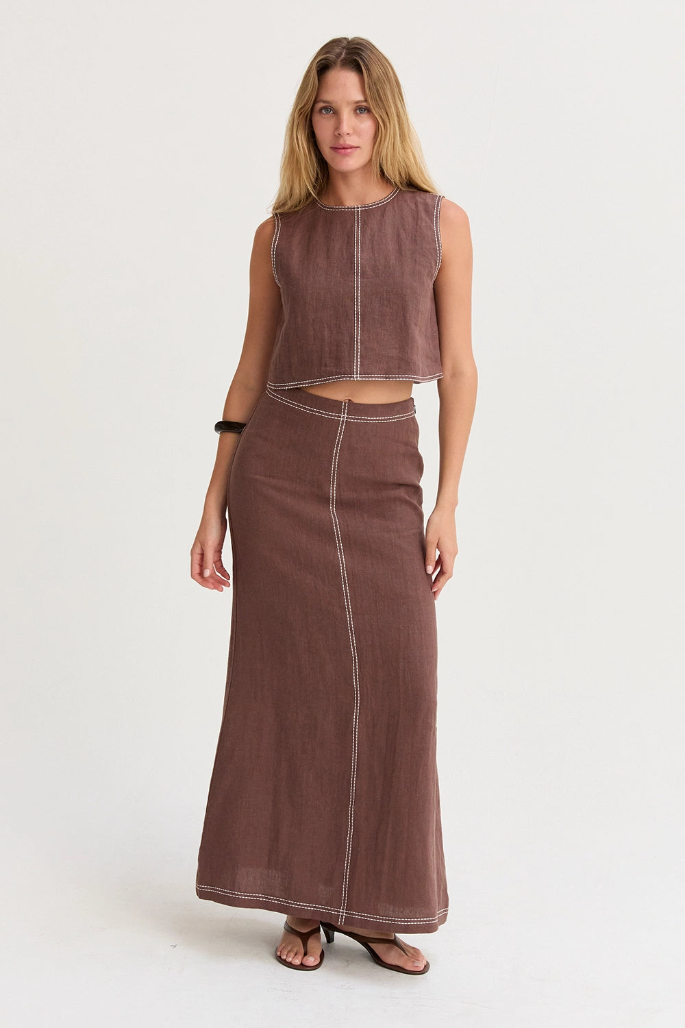 Kiara Contrast Stitch Linen Crop Top Brown