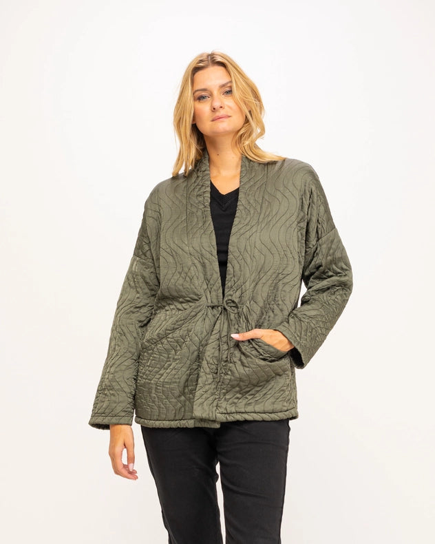 Kimono Style Jacket With Front Pockets And Drawstring Kakhi-Jacket-Tantra-YOUR-Urbanheer