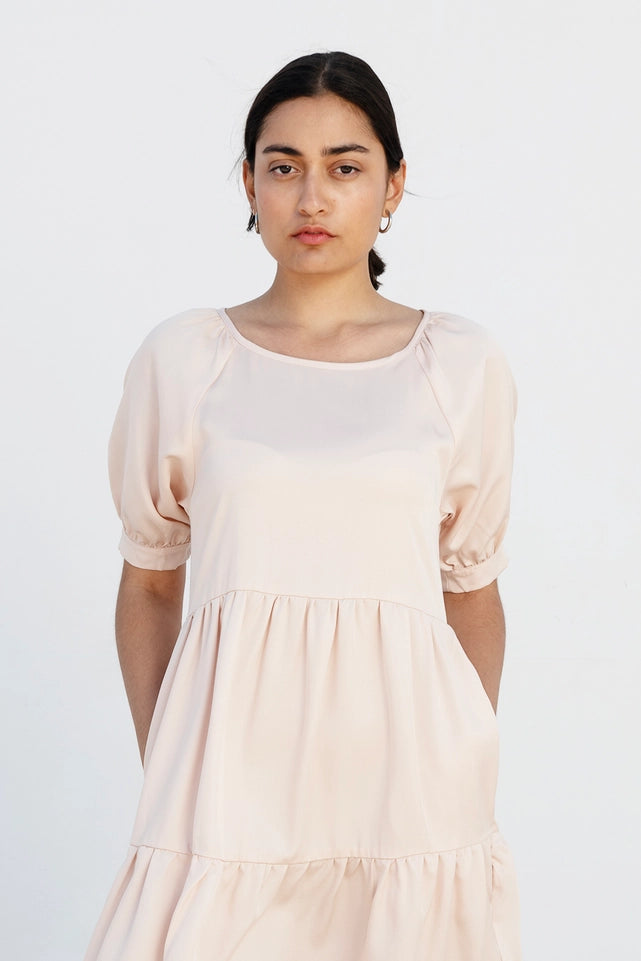 Knee-Length Summer Dress with Flounces “Me-Ta” in Soft Pink Made of 100% Tencel-Dress-Studio Hertzberg-XS-Urbanheer