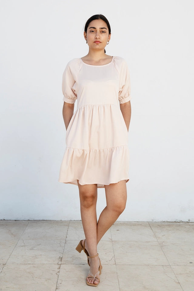 Knee-Length Summer Dress with Flounces “Me-Ta” in Soft Pink Made of 100% Tencel-Dress-Studio Hertzberg-XS-Urbanheer