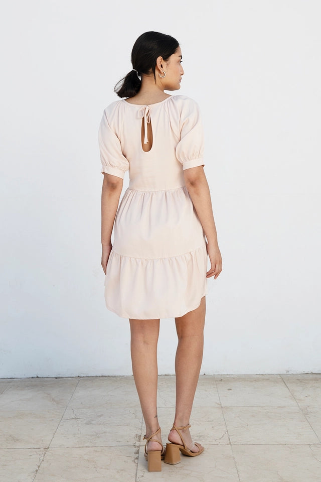 Knee-Length Summer Dress with Flounces “Me-Ta” in Soft Pink Made of 100% Tencel-Dress-Studio Hertzberg-XS-Urbanheer