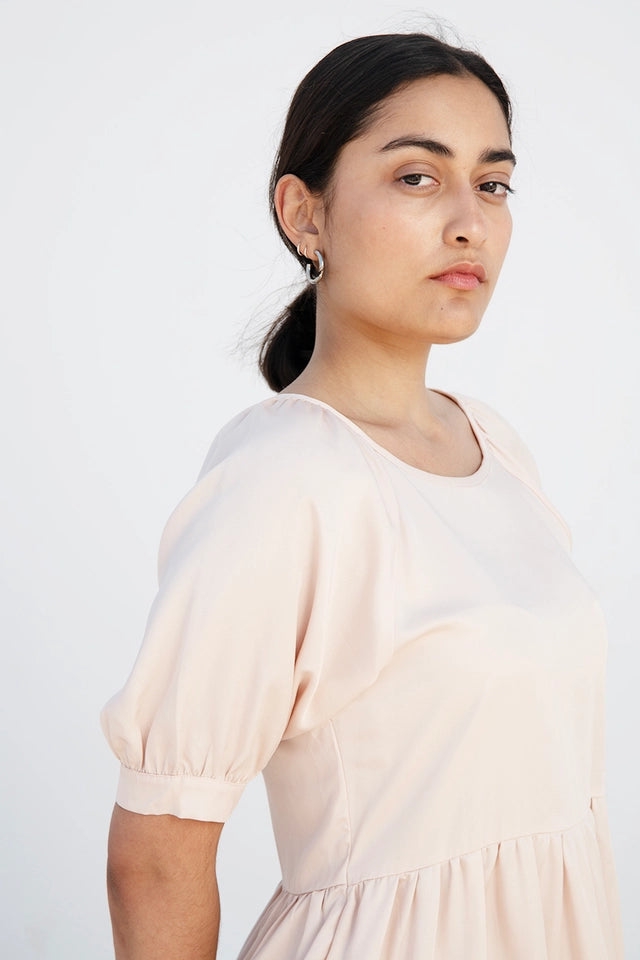 Knee-Length Summer Dress with Flounces “Me-Ta” in Soft Pink Made of 100% Tencel-Dress-Studio Hertzberg-XS-Urbanheer