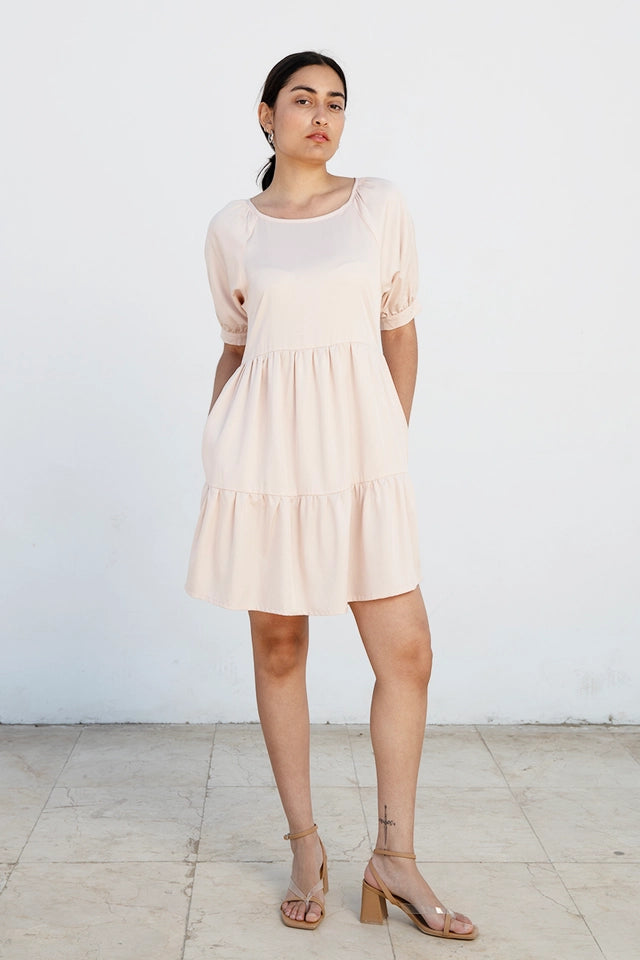 Knee-Length Summer Dress with Flounces “Me-Ta” in Soft Pink Made of 100% Tencel-Dress-Studio Hertzberg-XS-Urbanheer