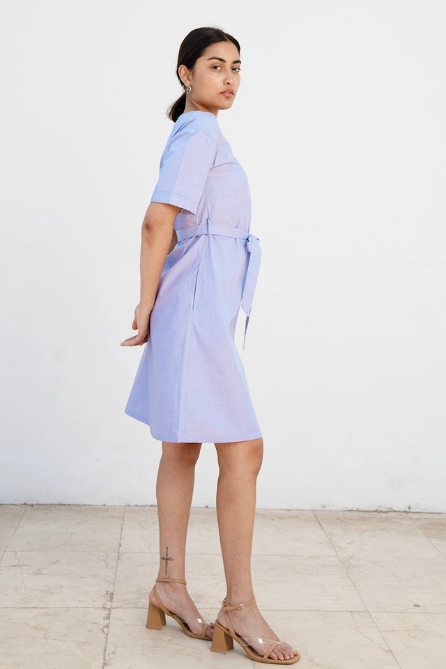 Knee-Length Summer Dress with Sleeves Ed-Daa in Light Blue Made from 100% Organic Cotton-Dress-Studio Hertzberg-XS-Urbanheer