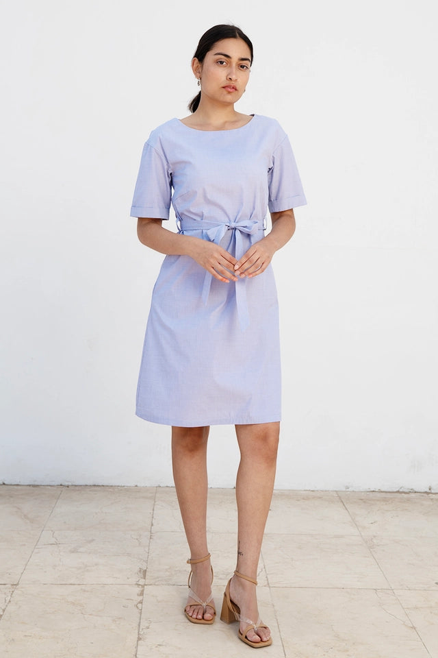 Knee-Length Summer Dress with Sleeves Ed-Daa in Light Blue Made from 100% Organic Cotton-Dress-Studio Hertzberg-XS-Urbanheer
