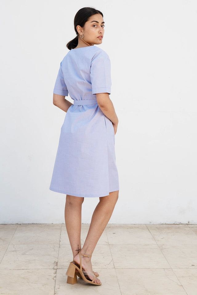 Knee-Length Summer Dress with Sleeves Ed-Daa in Light Blue Made from 100% Organic Cotton-Dress-Studio Hertzberg-XS-Urbanheer