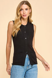 Knit Button Up Front Pockets Vest-Vest-TCEC-S-Black-Urbanheer