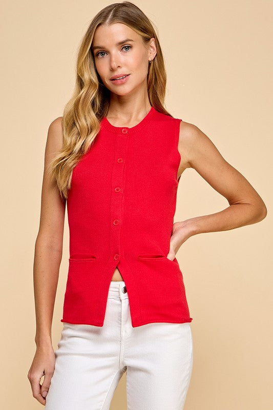 Knit Button Up Front Pockets Vest-Vest-TCEC-S-Red-Urbanheer