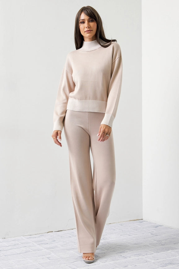 Knit Contrast Stitch Mock Neck Top and Pants Set-Set-RIVIR-S-Urbanheer