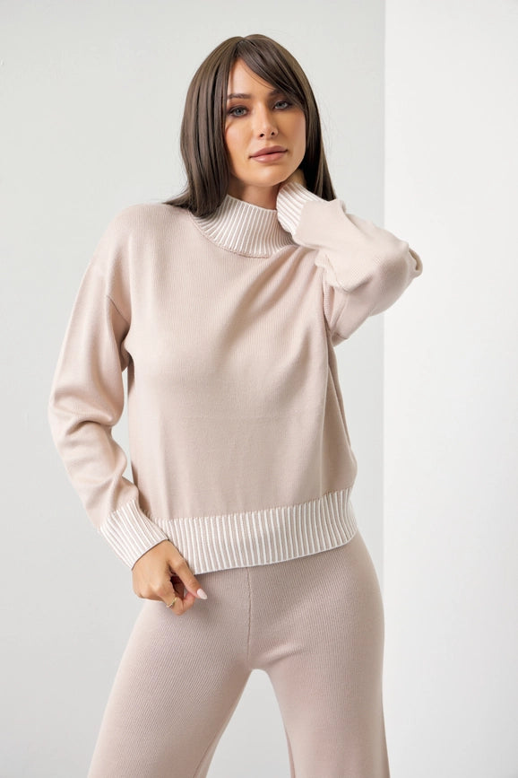 Knit Contrast Stitch Mock Neck Top and Pants Set-Set-RIVIR-S-Urbanheer
