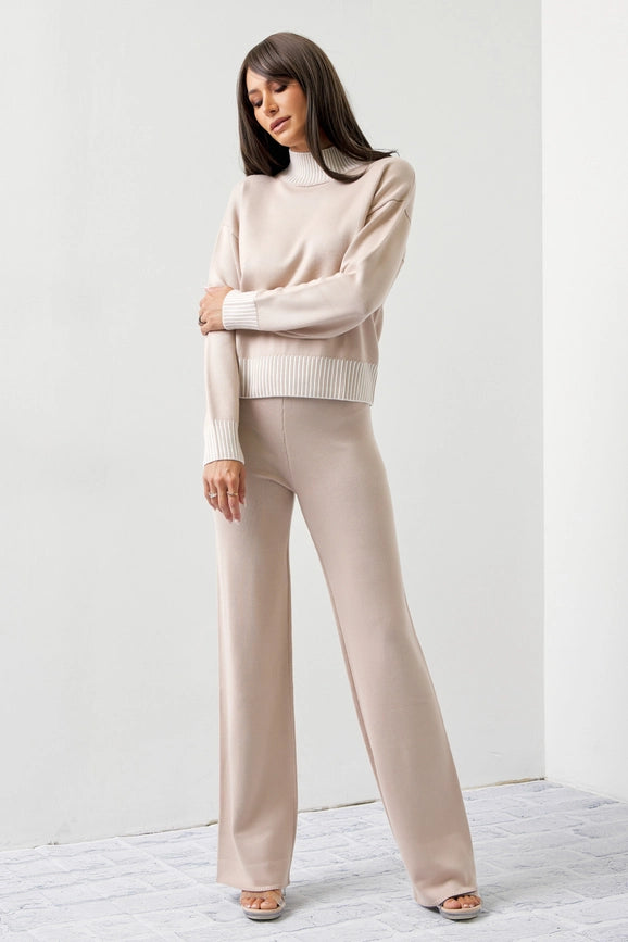 Knit Contrast Stitch Mock Neck Top and Pants Set-Set-RIVIR-S-Urbanheer