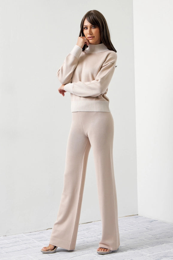 Knit Contrast Stitch Mock Neck Top and Pants Set-Set-RIVIR-S-Urbanheer