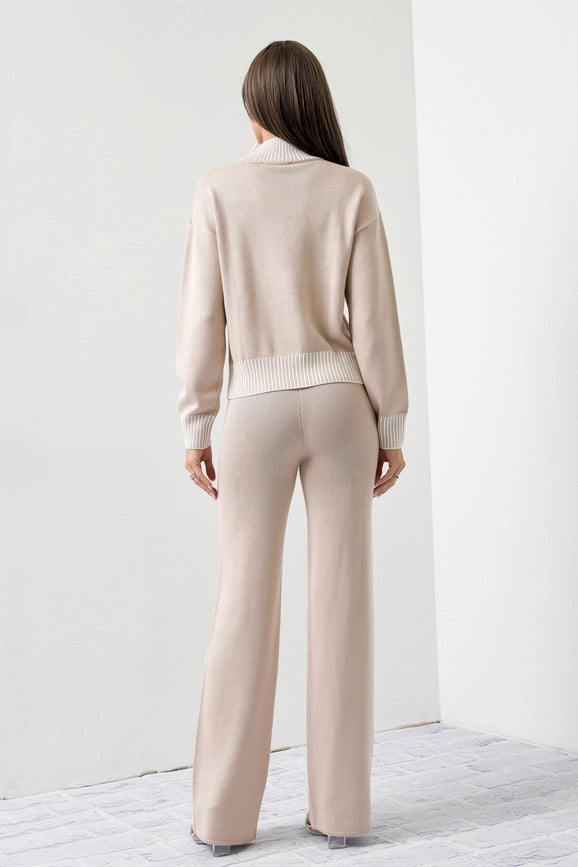 Knit Contrast Stitch Mock Neck Top and Pants Set-Set-RIVIR-S-Urbanheer