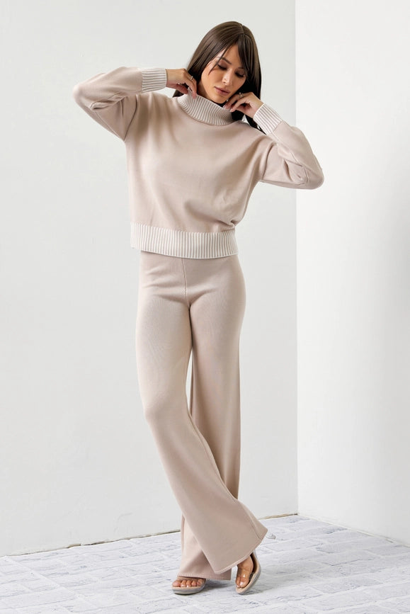 Knit Contrast Stitch Mock Neck Top and Pants Set-Set-RIVIR-S-Urbanheer