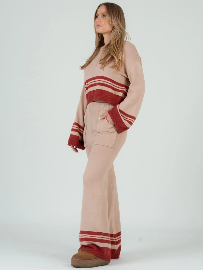 Knit Crew Neck Sweater Top & Pant Set-Beige Spice-Set-Lucca Couture-XS-Urbanheer