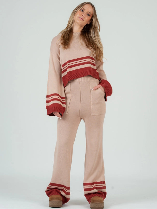 Knit Crew Neck Sweater Top & Pant Set-Beige Spice-Set-Lucca Couture-XS-Urbanheer