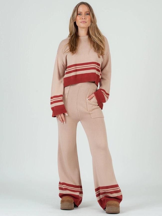 Knit Crew Neck Sweater Top & Pant Set-Beige Spice-Set-Lucca Couture-XS-Urbanheer