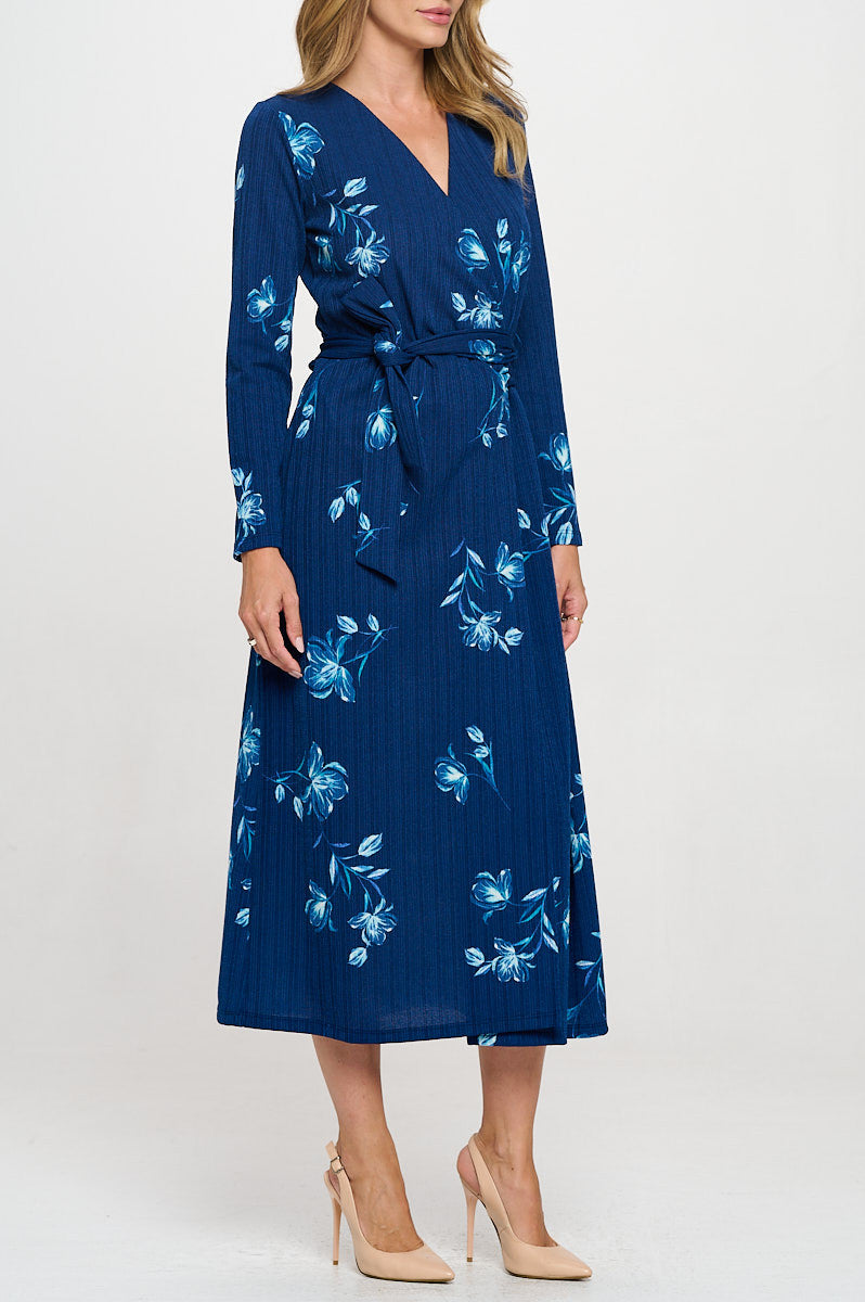 Knit Floral Print V neck Jersey Wrap Maxi Dress with Tie-Dresses-Reneecollection-Small-BLUE-Urbanheer