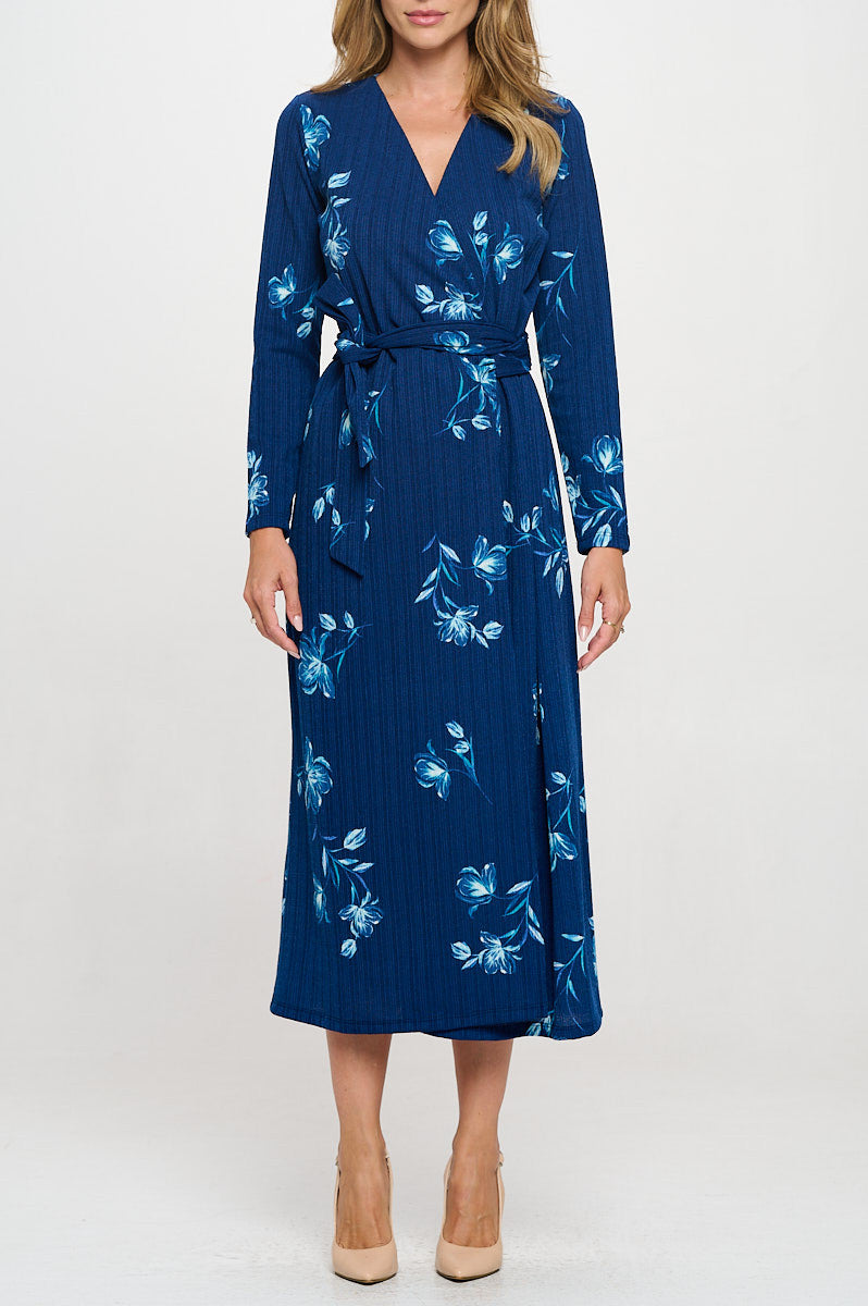 Knit Floral Print V neck Jersey Wrap Maxi Dress with Tie-Dresses-Reneecollection-Small-BLUE-Urbanheer