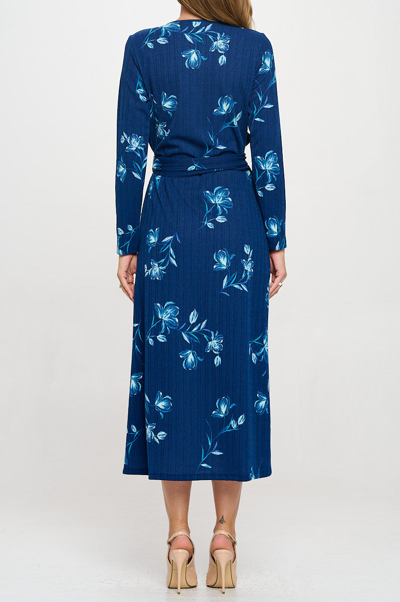 Knit Floral Print V neck Jersey Wrap Maxi Dress with Tie-Dresses-Reneecollection-Small-BLUE-Urbanheer