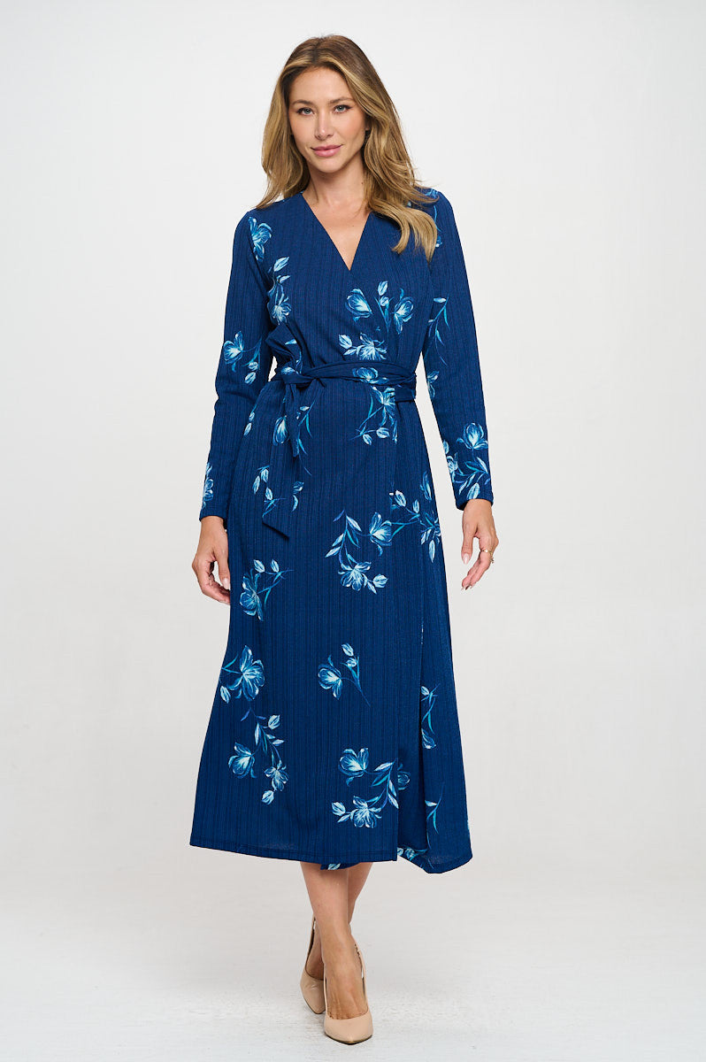 Knit Floral Print V neck Jersey Wrap Maxi Dress with Tie-Dresses-Reneecollection-Small-BLUE-Urbanheer