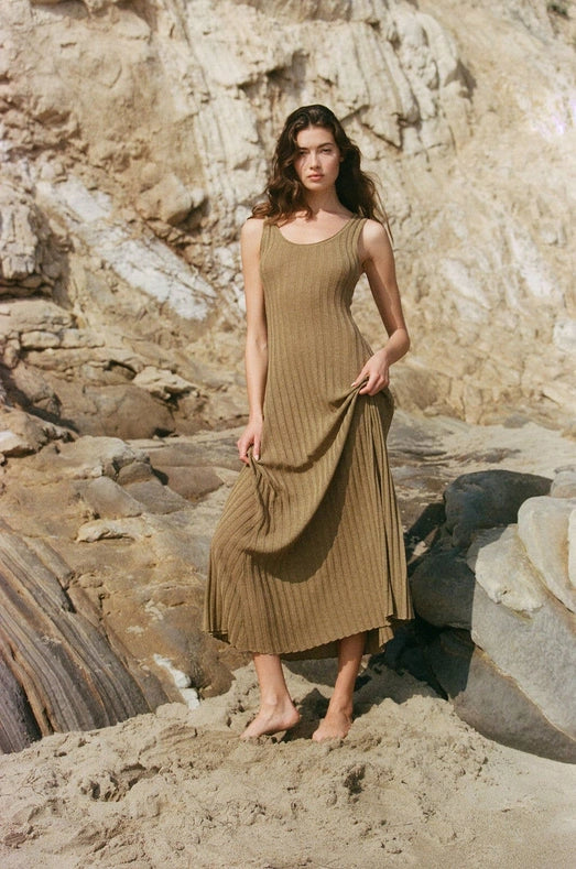 Knit Linen Sweater Ribbed Sleeveless Flare Dress.-Dress-a.ren-S-Brown-Urbanheer