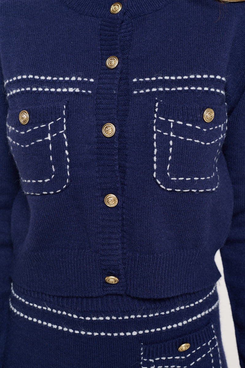 Knit Long Sleeve Cardigan Top with Stitching and Skirt Set-Cardigans-Reneecollection-Small-NAVY-Urbanheer