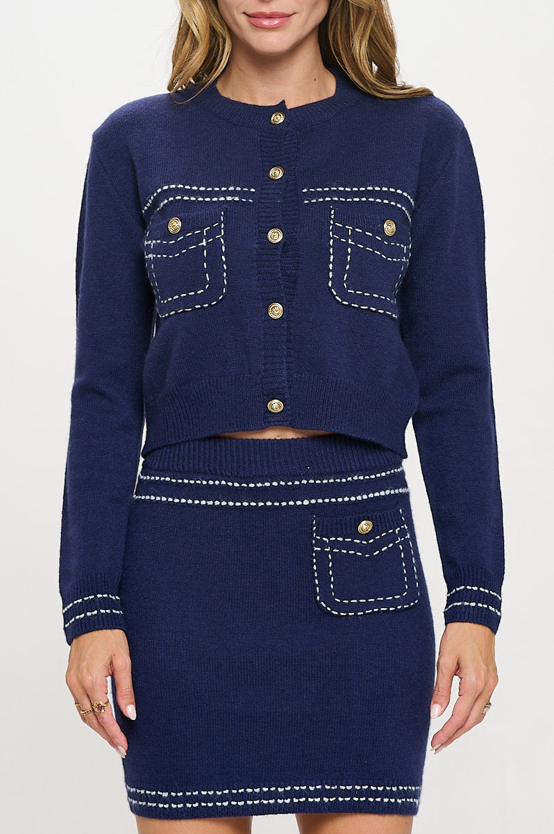 Knit Long Sleeve Cardigan Top with Stitching and Skirt Set-Cardigans-Reneecollection-Small-NAVY-Urbanheer