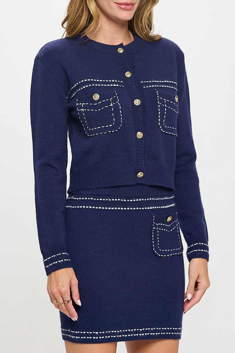 Knit Long Sleeve Cardigan Top with Stitching and Skirt Set-Cardigans-Reneecollection-Small-NAVY-Urbanheer