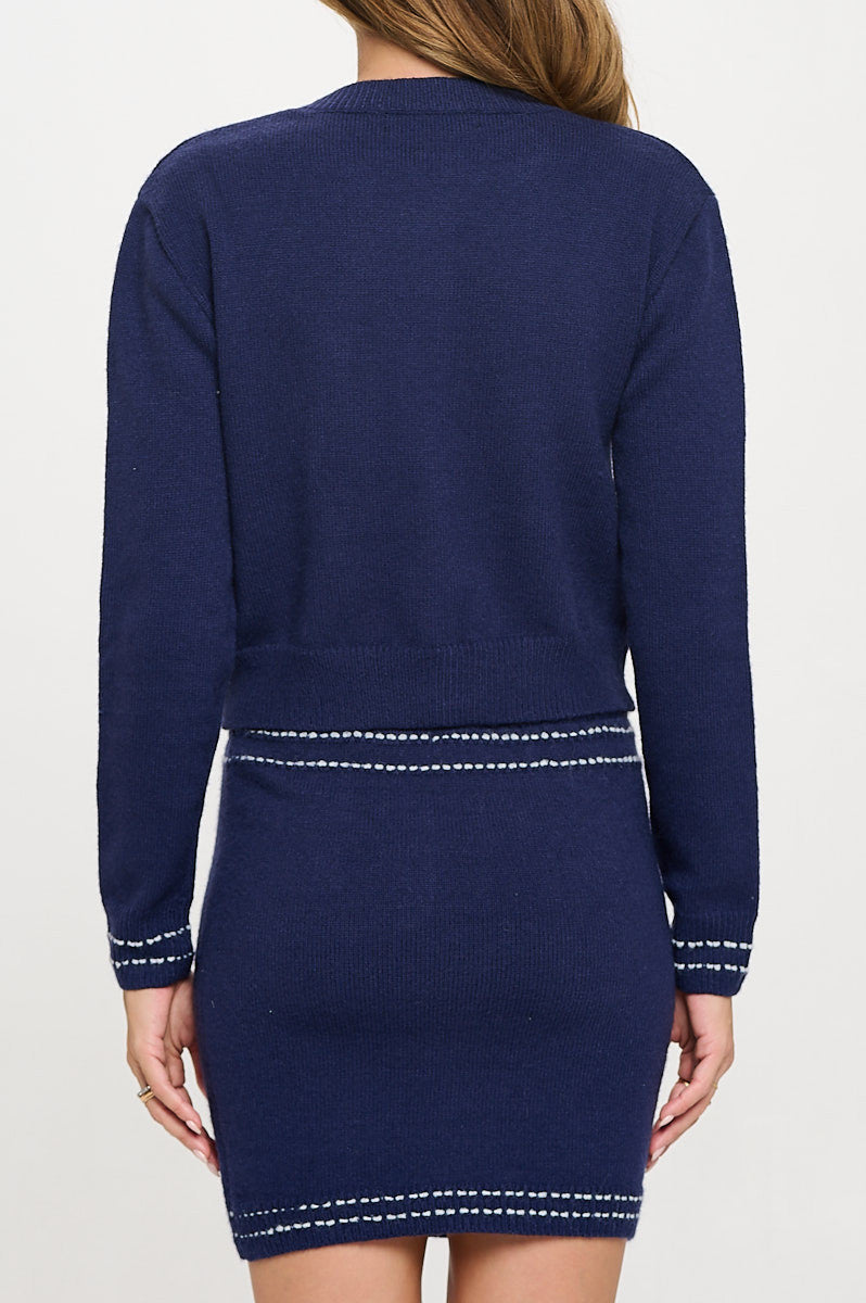 Knit Long Sleeve Cardigan Top with Stitching and Skirt Set-Cardigans-Reneecollection-Small-NAVY-Urbanheer
