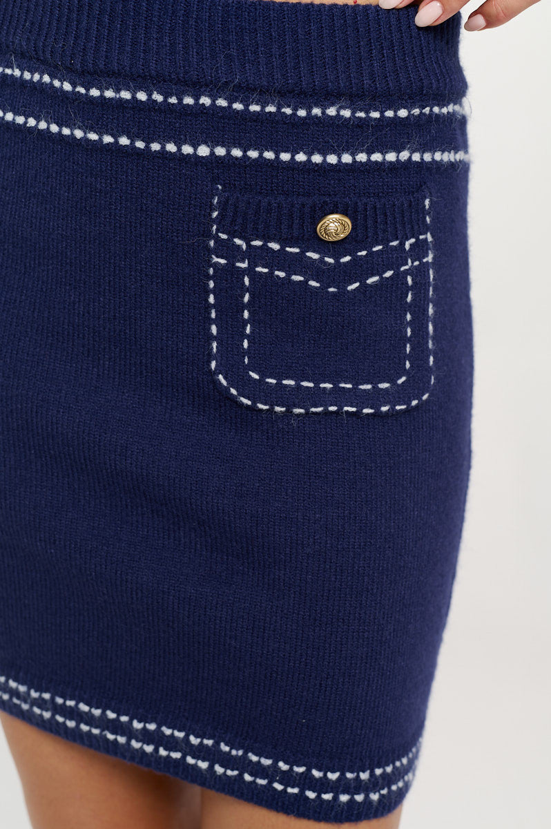 Knit Long Sleeve Cardigan Top with Stitching and Skirt Set-Cardigans-Reneecollection-Small-NAVY-Urbanheer